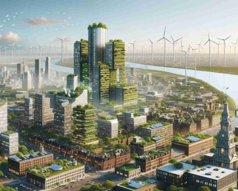 A high-definition, realistic image showing the concept of 'The Rise of Cleaner Air: A Testament to American Ingenuity'. It presents a picturesque overview of an evolving green city with advanced architecture that incorporates renewable energy sources. The city skyline displays buildings outfitted with vertical gardens and rooftop solar panels. Interestingly designed wind turbines dot the horizon. The air visibly appears cleaner and is free of smog, hinting at a promising environmental future. The innovations evident in this cityscape represent the exciting prospects that the future holds, thanks to ingenuity and a commitment to sustainability.