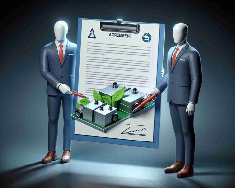 High-definition realistic illustration of two generic business figures, one representing a technology company and the other a vehicle manufacturing company, prominently displaying a massive signed agreement. It's highlighted that this agreement focuses on the procurement of sustainable battery materials, indicating their commitment to environmental stewardship and economic growth.