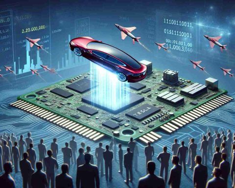 A realistic, high-definition image showing a physical representation of Tesla's stock soaring high in the sky. Below, tech-themed elements like circuit boards, microchips, and binary codes are being overlooked by many individuals. This scene symbolizes the rapid increase in the value of the company's stock and the potential underestimation of the technology behind it.