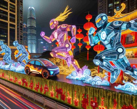 Vivid, high-definition photograph that demonstrates the surge of electric vehicle sales, depicted as iconic giant figures made of energy and technology moving powerfully forward, surrounded by decorations and festivity indicative of Lunar New Year preparations.