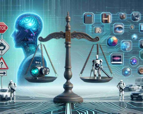 A realistic high-definition image of the concept representing 'A New Era of AI: What's really at stake?'. All elements in the image should depict real-life situations involving artificial intelligence including robotics, machine learning, and big data analysis. Also, include some visual indicators suggesting the risks and rewards that this new era might bring, such as scales of justice tipping towards an array of futuristic technology symbols or a crossroads signpost symbolizing a choice between two future paths.