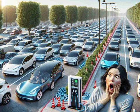 Render an HD realism-style image illustrating an unexpected revelation about the electric car crisis in California. The image can feature a variety of relevant elements including congested charging stations, long lines of stationary electric cars awaiting their turn, frustrated drivers, and perhaps a shocked person prominently in the scene who has just realized the depth of the problem after observing the scenario.