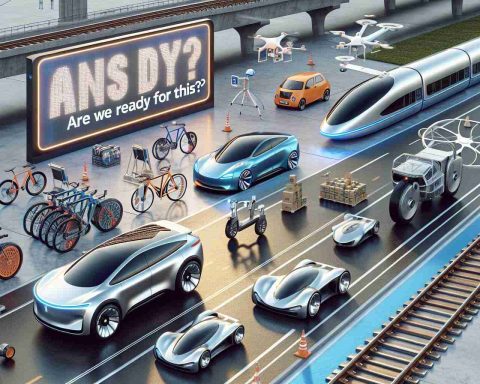 A highly detailed, hyperrealistic scene showing major advancements in transportation technology. There are prototypes of futuristic cars that self-navigate, electric bikes with solar charging panels, drones delivering packages in the air, and ultra-speed maglev trains gliding on tracks. A billboard in the background questions, 'Are We Ready for This?' symbolizing the shock and awe these developments bring.