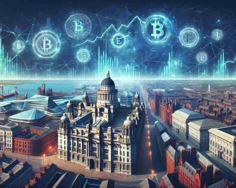 An HD image that realistically portrays a financial revolution. A futuristic digital landscape is embellished with abstract symbols of stocks and cryptocurrencies. In the foreground, the historic cityscape of Liverpool creates a fascinating contrast. Ancient architecture transitions seamlessly into advanced futuristic buildings, portraying the marriage of tradition and innovation.