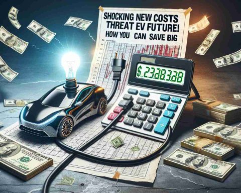 A highly detailed, realistic photo capturing the essence of the pressing news, 'Shocking New Costs Threaten EV Future! How You Can Save Big'. The visual representation could include an electronic plug, representing EVs, attached to a calculator showcasing rising numbers, symbolizing the increasing costs. A bright light bulb could also be present, indicating the potential to save big. Multiple dollar bills could be fluttering around, manifesting the threat to EV's future. The background might contain a fading grid texture to illustrate the theme of electric vehicles and electricity costs.