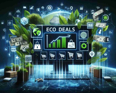 Create a striking image of an online phenomenon involving environment-friendly shopping, termed 'Eco Deals'. Conjure up a digital interface showcasing various eco-friendly products along with their discounts and promos. Sneak in a graphic that suggests the impact it has on the internet, perhaps a symbol indicting a surge in traffic or trends. This image should be realistic and of high-definition quality, aptly capturing the contemporary and futuristic aspects of green e-commerce.