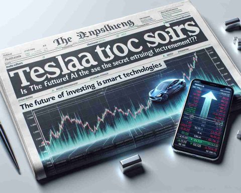 A realistic and high-definition image of a newspaper headline that reads, 'Tesla Stock Soars: Is AI the Secret Ingredient? The Future of Investing with Smart Technologies.' The newspaper is of good quality paper with sharp, clearly printed text. Beside the newspaper is a sleek device showcasing stock market graphs indicating rising trends, with Tesla's stock being prominently displayed.