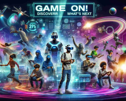 An HD photo that showcases futuristic virtual worlds becoming the center stage. This image might depict multiple people with varying descents such as Middle-Eastern, Hispanic, and Black engaging in different digital activities representing the future of gaming. One might be wearing a high-tech VR headset, while others might be interacting with holographic interfaces or navigating 3D virtual landscapes. The scene is dynamic, brightly lit, and filled with neon colors. In the background, there's a banner exclaiming 'Game On! Discover What’s Next' with vibrant, futuristic typography.